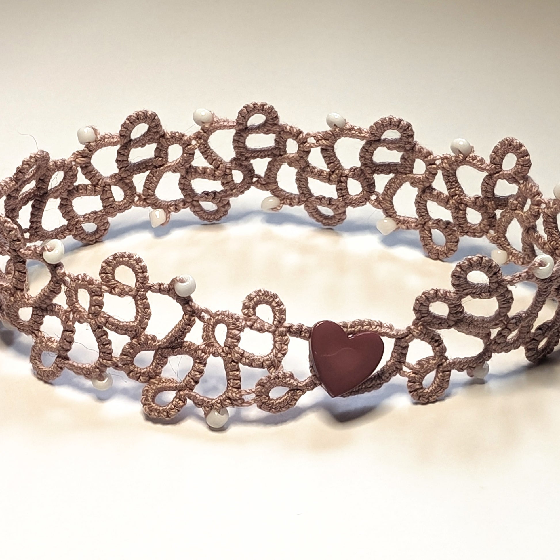 Dusty Mauve White Dusky Purple Heart Button Modern Filigree Bracelet on White Background
