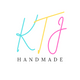 letters K, T, J and word handmade on white background, the K is cyan, T is yellow, J is magenta, word handmade is black. letters are in flowing script style font and the word handmade is all caps serif font