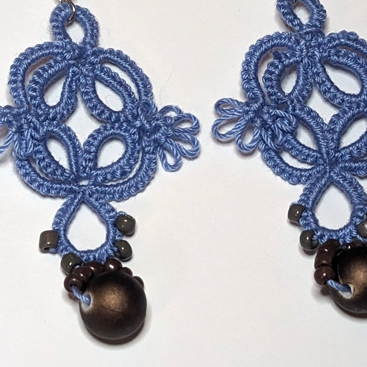 Light Blue Taupe Brown Quadrille Earrings Closeup on white background