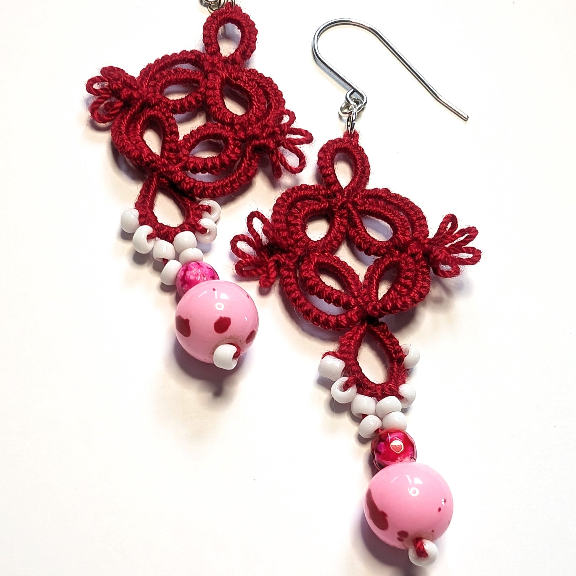 Red White Pink Glass Pink Agate Quadrille Earrings on White Blackground