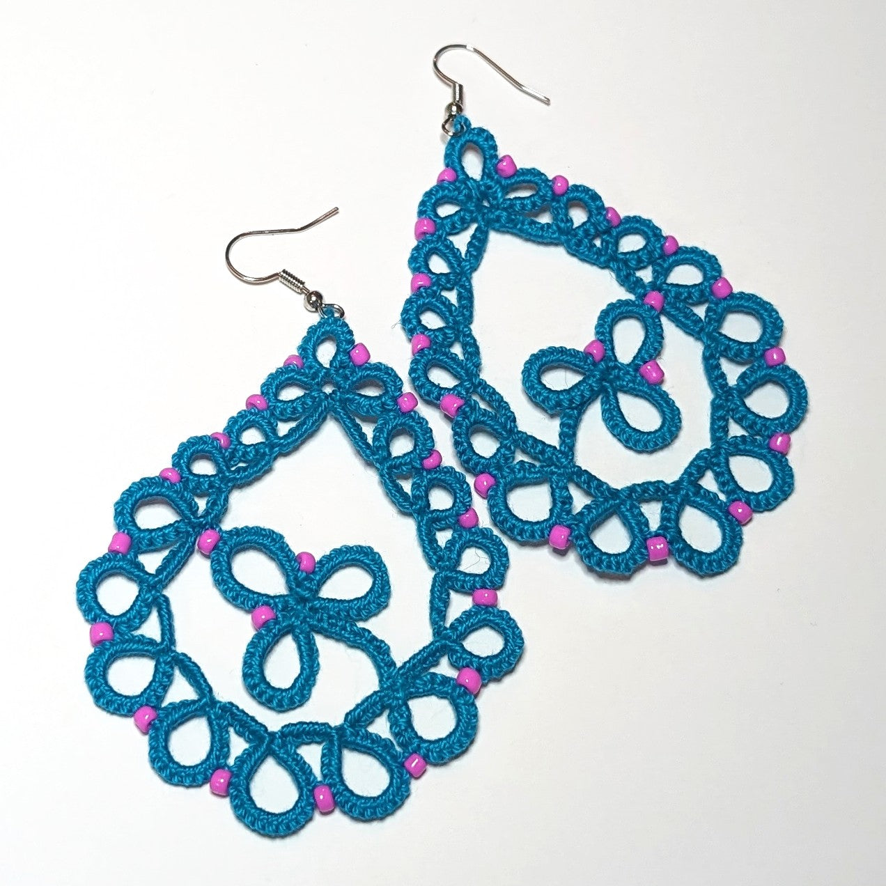 Teal Pink Clover Drop Earrings on white background